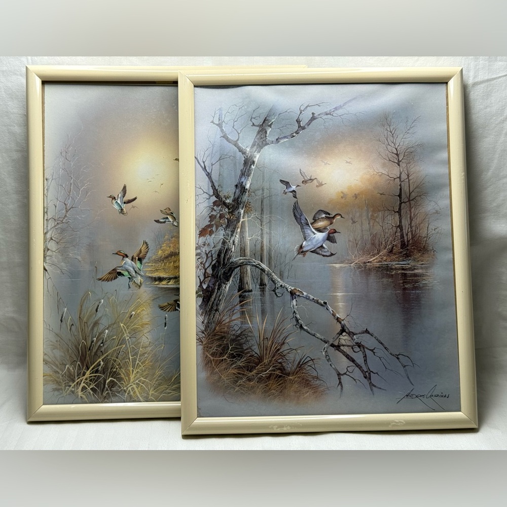 Andres Orpinas Flying Ducks 12X14” Framed Art Prints. Set of 2 framed prints